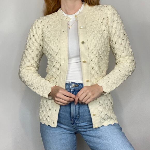 Vintage Montgomery Ward Wintuk Small Ivory Open Knit Button Front Cardigan - Picture 3 of 10